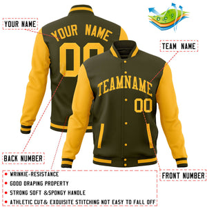 Custom Brown Red-Old Gold Full-Snap Varsity Raglan Sleeves Letterman Baseball Jacket