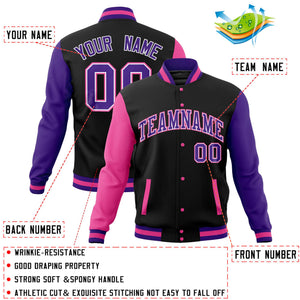 Custom Navy Pink Full-Snap Varsity Raglan Sleeves Letterman Baseball Jacket