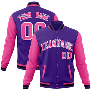 Custom Midnight Green Pink-Powder Blue Full-Snap Varsity Raglan Sleeves Letterman Baseball Jacket