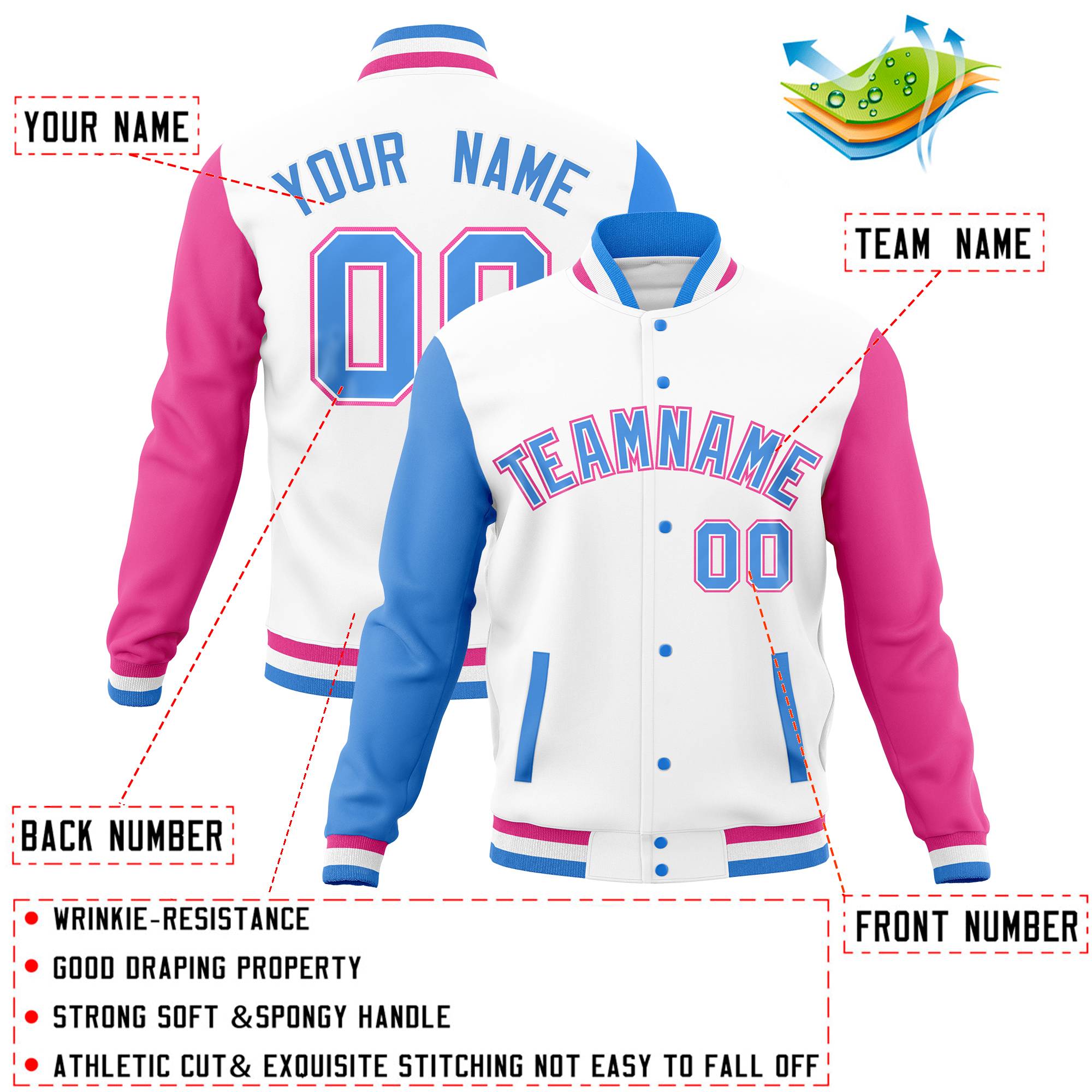 Custom White Pink-Powder Blue Full-Snap Varsity Raglan Sleeves Letterman Baseball Jacket