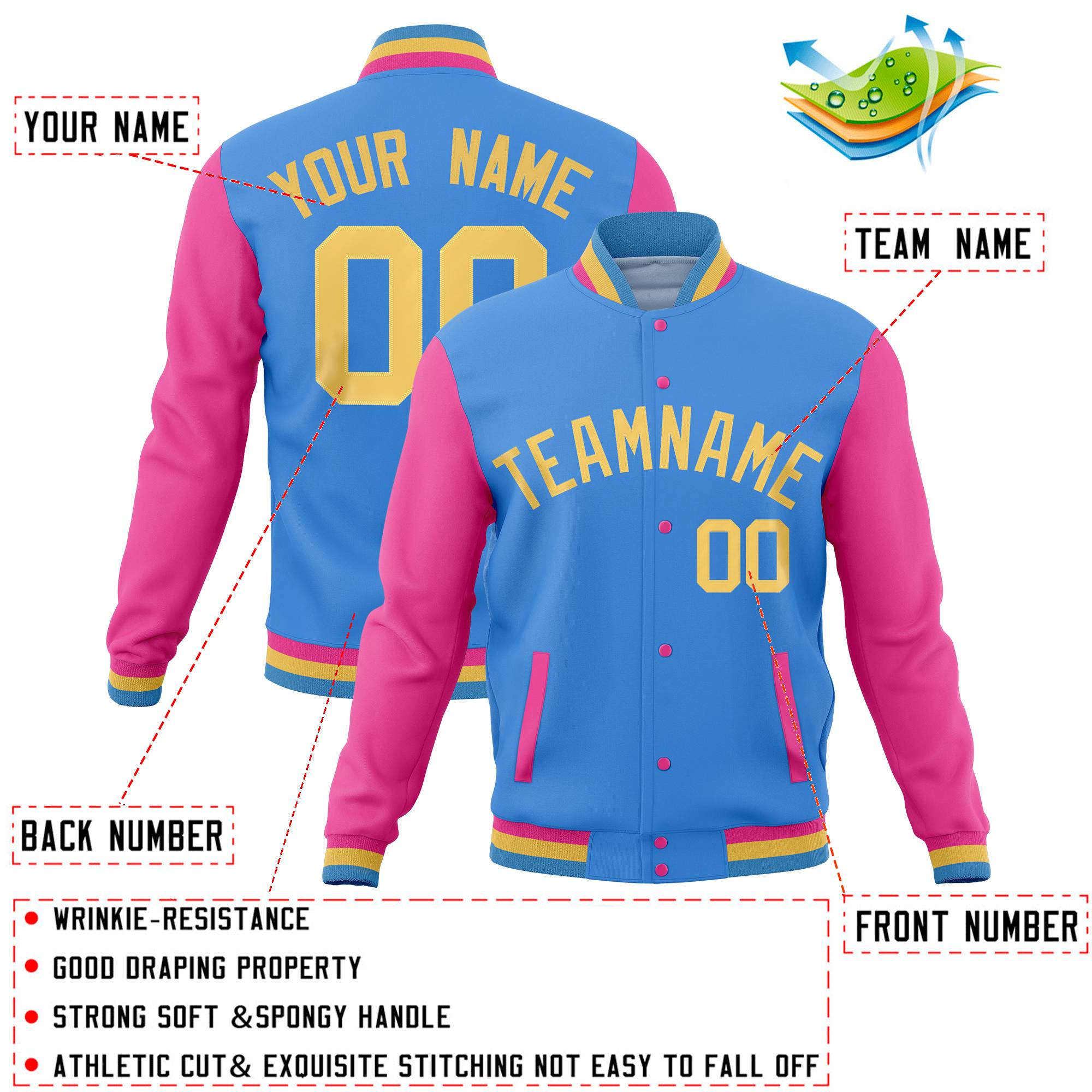 Custom Powder Blue Pink Full-Snap Varsity Raglan Sleeves Letterman Baseball Jacket