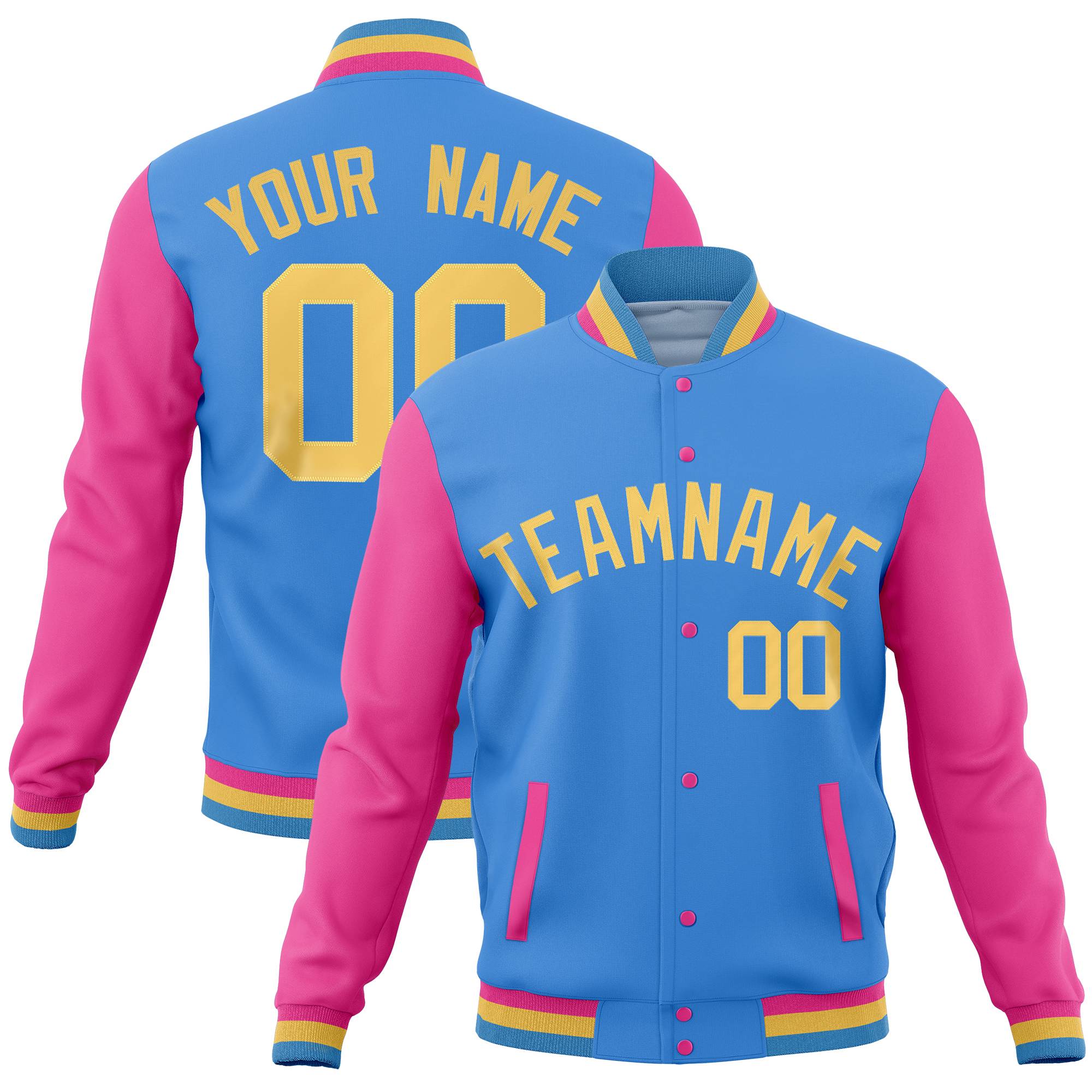 Custom Powder Blue Pink Full-Snap Varsity Raglan Sleeves Letterman Baseball Jacket