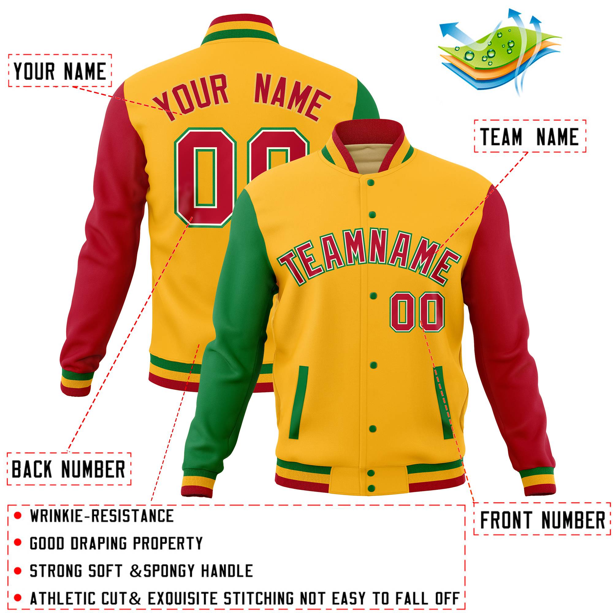 Custom Gold Red-Kelly Green Full-Snap Varsity Raglan Sleeves Letterman Baseball Jacket