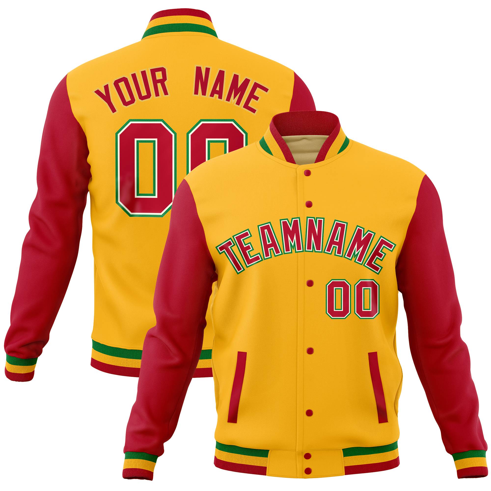 Custom Gold Red Full-Snap Varsity Raglan Sleeves Letterman Baseball Jacket