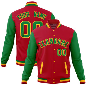 Custom Red Kelly Green Full-Snap Varsity Raglan Sleeves Letterman Baseball Jacket