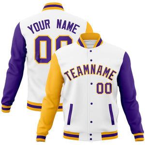 Custom White Orange-Gold Full-Snap Varsity Raglan Sleeves Letterman Baseball Jacket