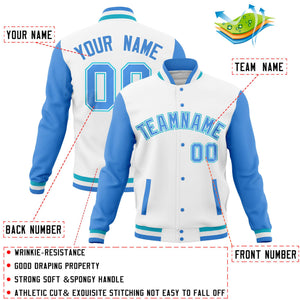 Custom White Powder Blue Full-Snap Varsity Raglan Sleeves Letterman Baseball Jacket