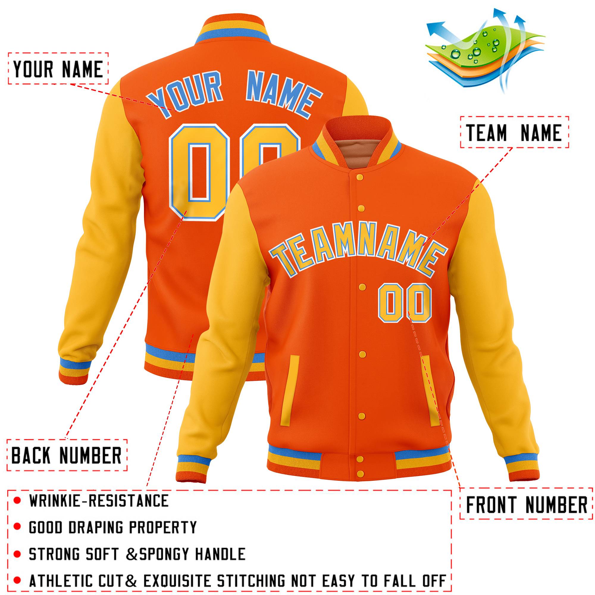 Custom Orange Kelly Green Full-Snap Varsity Raglan Sleeves Letterman Baseball Jacket