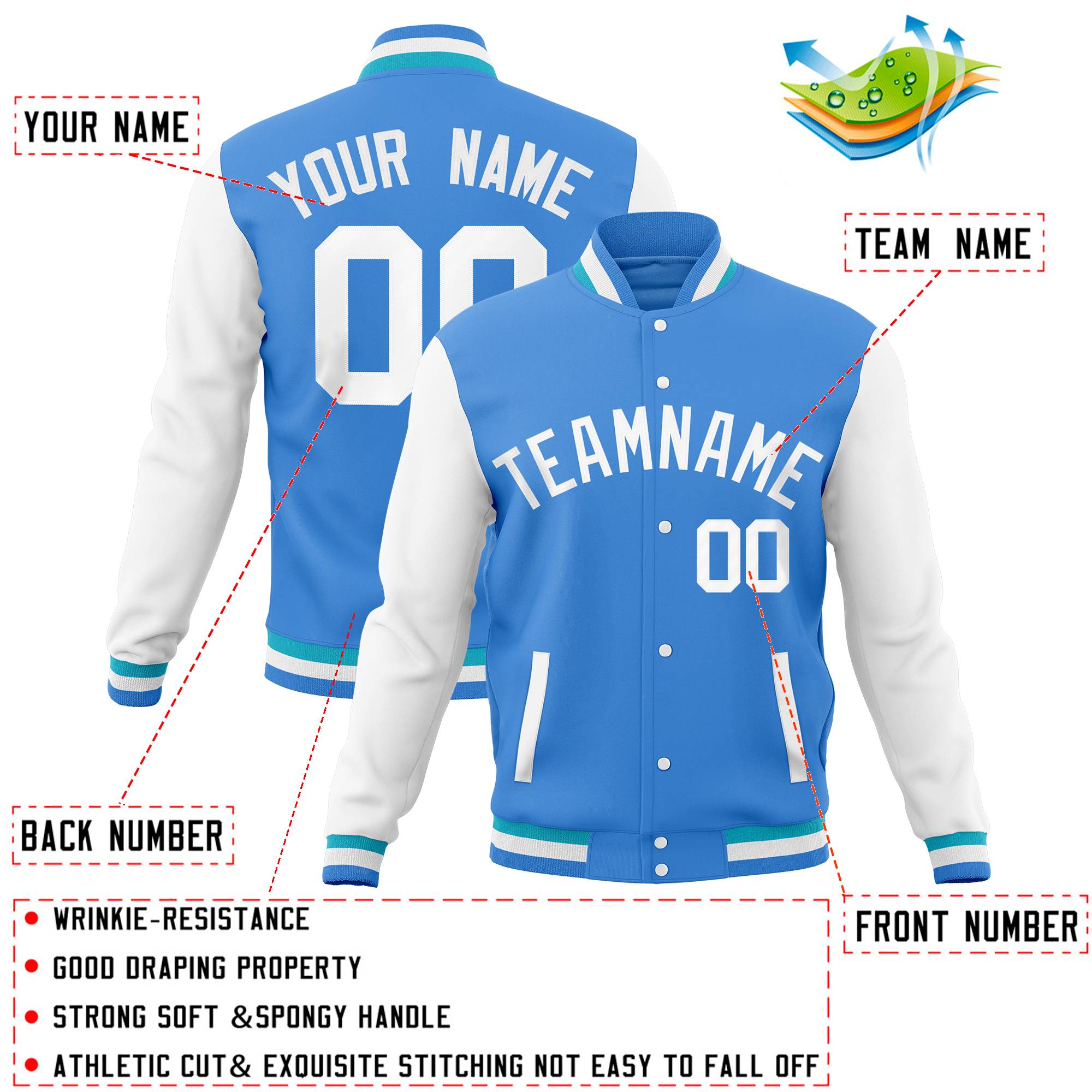 Custom Powder Blue White Full-Snap Varsity Raglan Sleeves Letterman Baseball Jacket