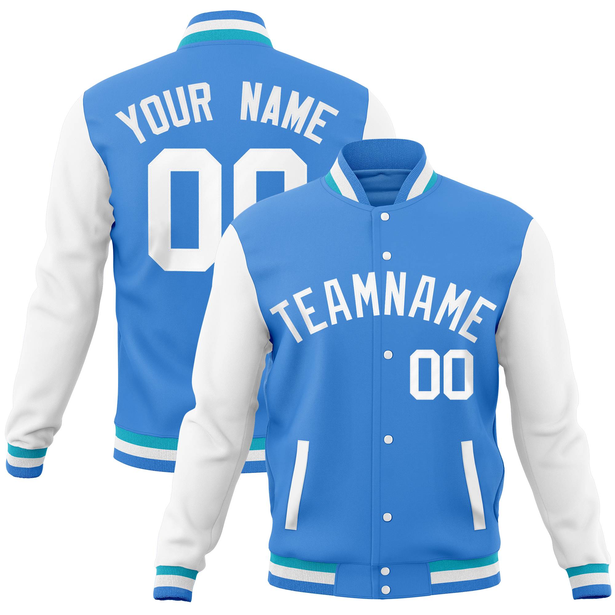 Custom Powder Blue White Full-Snap Varsity Raglan Sleeves Letterman Baseball Jacket