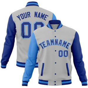 Custom Gray Royal-Powder Blue Full-Snap Varsity Raglan Sleeves Letterman Baseball Jacket