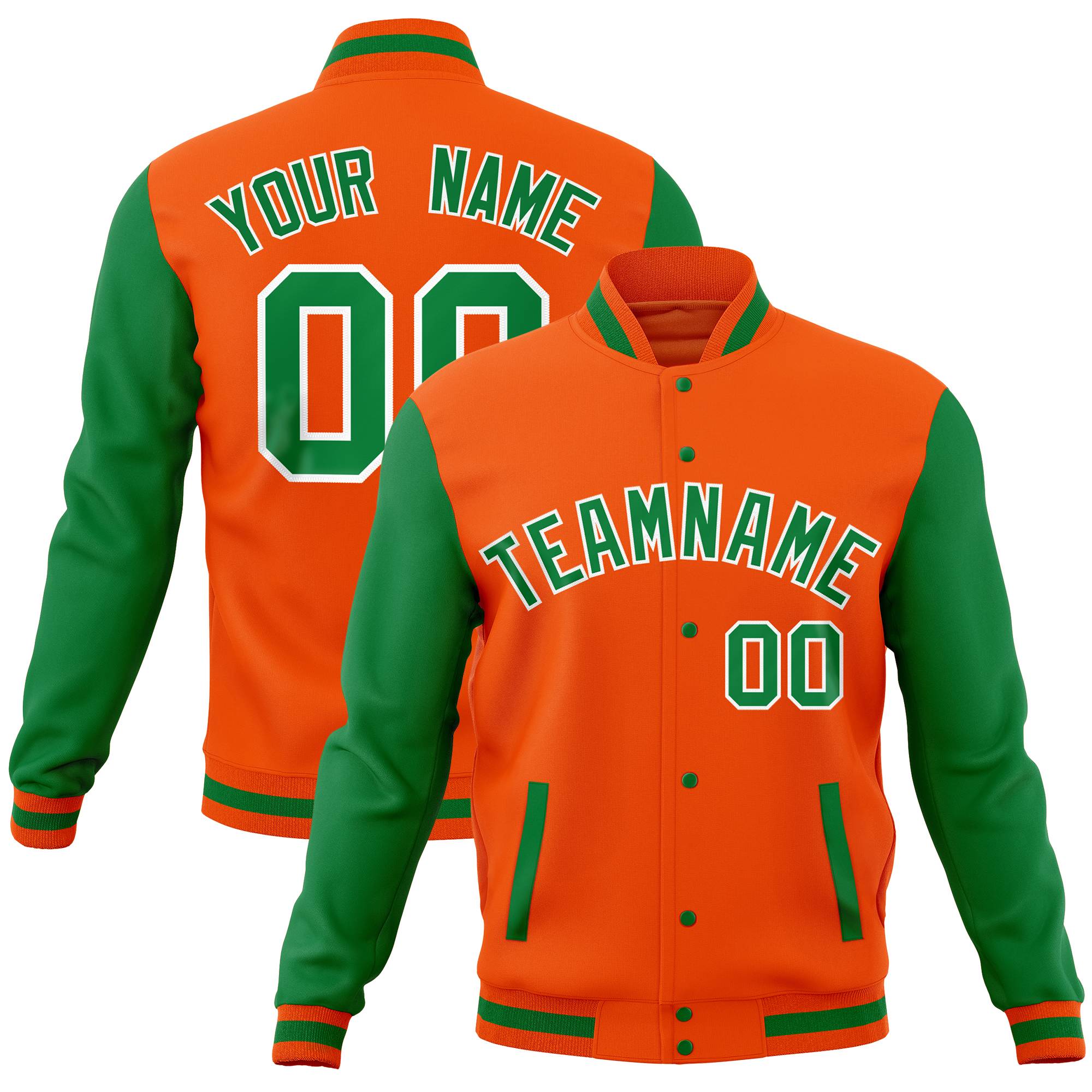 Custom White Kelly Green-Orange Full-Snap Varsity Raglan Sleeves Letterman Baseball Jacket