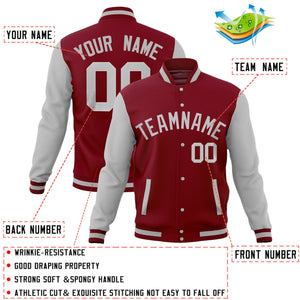 Custom Gray Crimson Full-Snap Varsity Raglan Sleeves Letterman Baseball Jacket