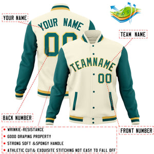 Custom Aqua Khaki-Cream Full-Snap Varsity Raglan Sleeves Letterman Baseball Jacket