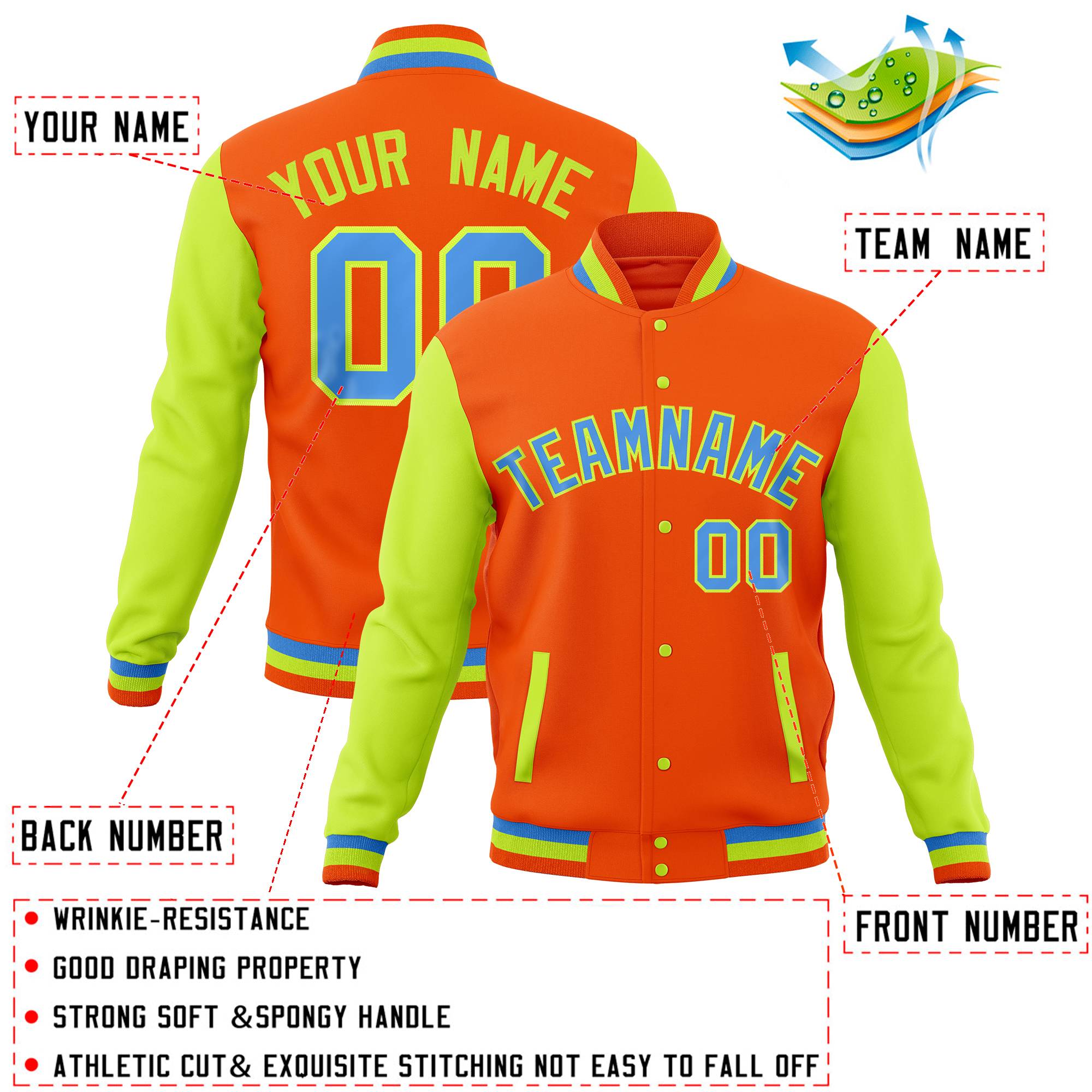 Custom Orange Powder Blue Full-Snap Varsity Raglan Sleeves Letterman Baseball Jacket