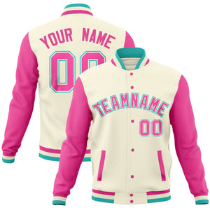 Custom Pink Cream Full-Snap Varsity Raglan Sleeves Letterman Baseball Jacket