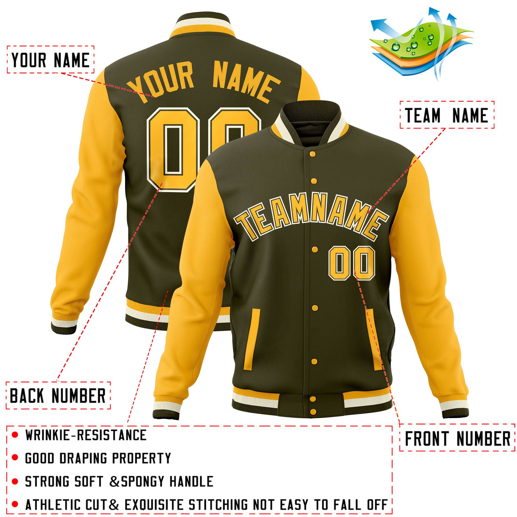 Custom Powder Blue Gold White Full-Snap Varsity Raglan Sleeves Letterman Baseball Jacket