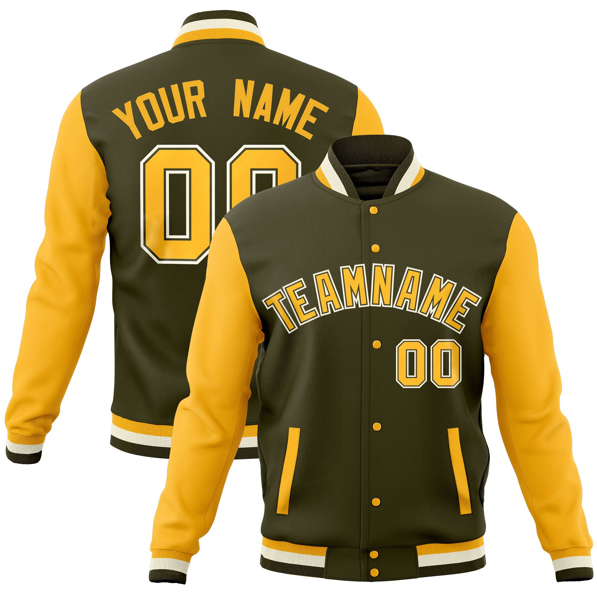 Custom Powder Blue Gold White Full-Snap Varsity Raglan Sleeves Letterman Baseball Jacket