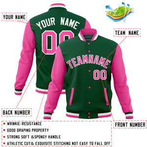 Custom Midnight Green Pink Full-Snap Varsity Raglan Sleeves Letterman Baseball Jacket