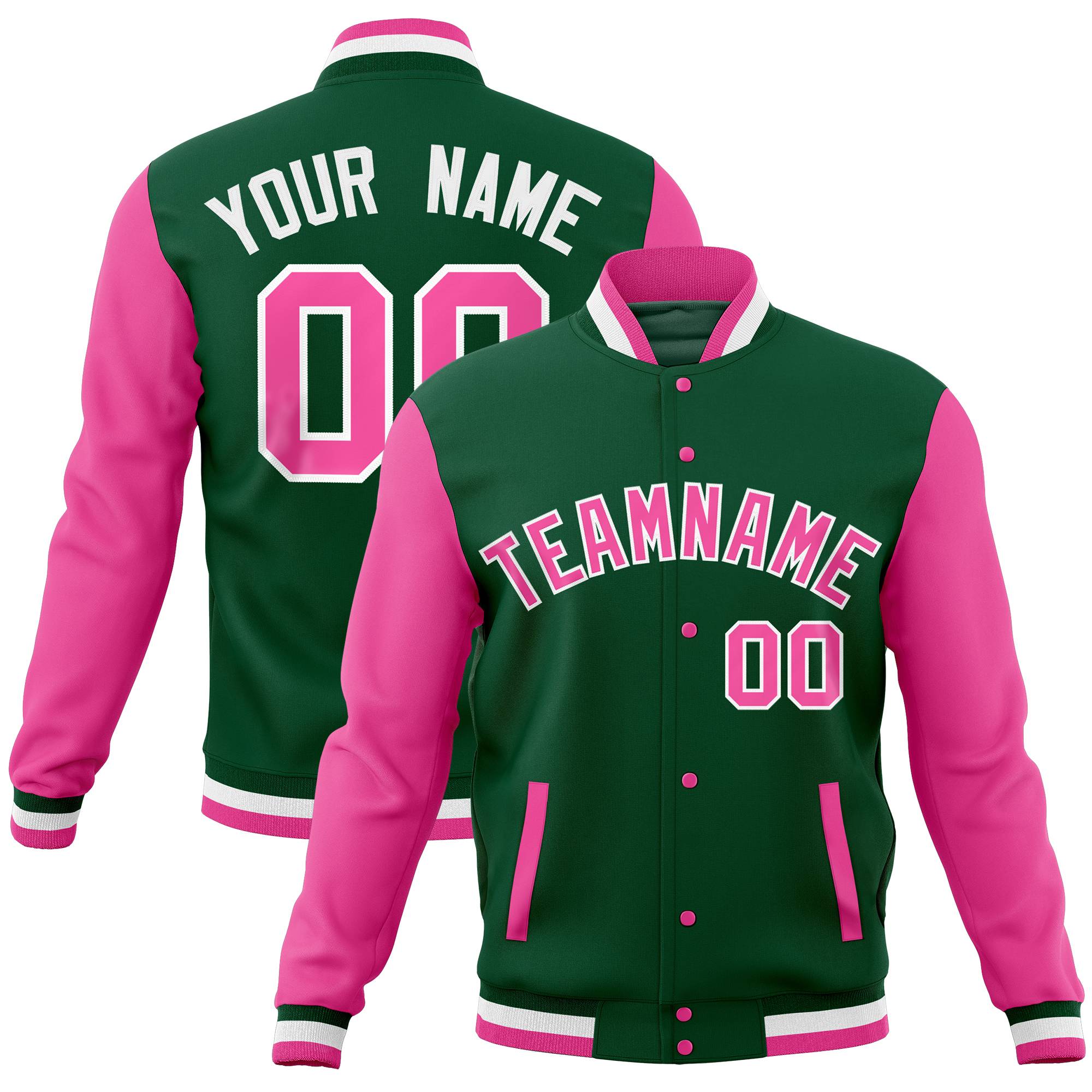 Custom Midnight Green Pink Full-Snap Varsity Raglan Sleeves Letterman Baseball Jacket