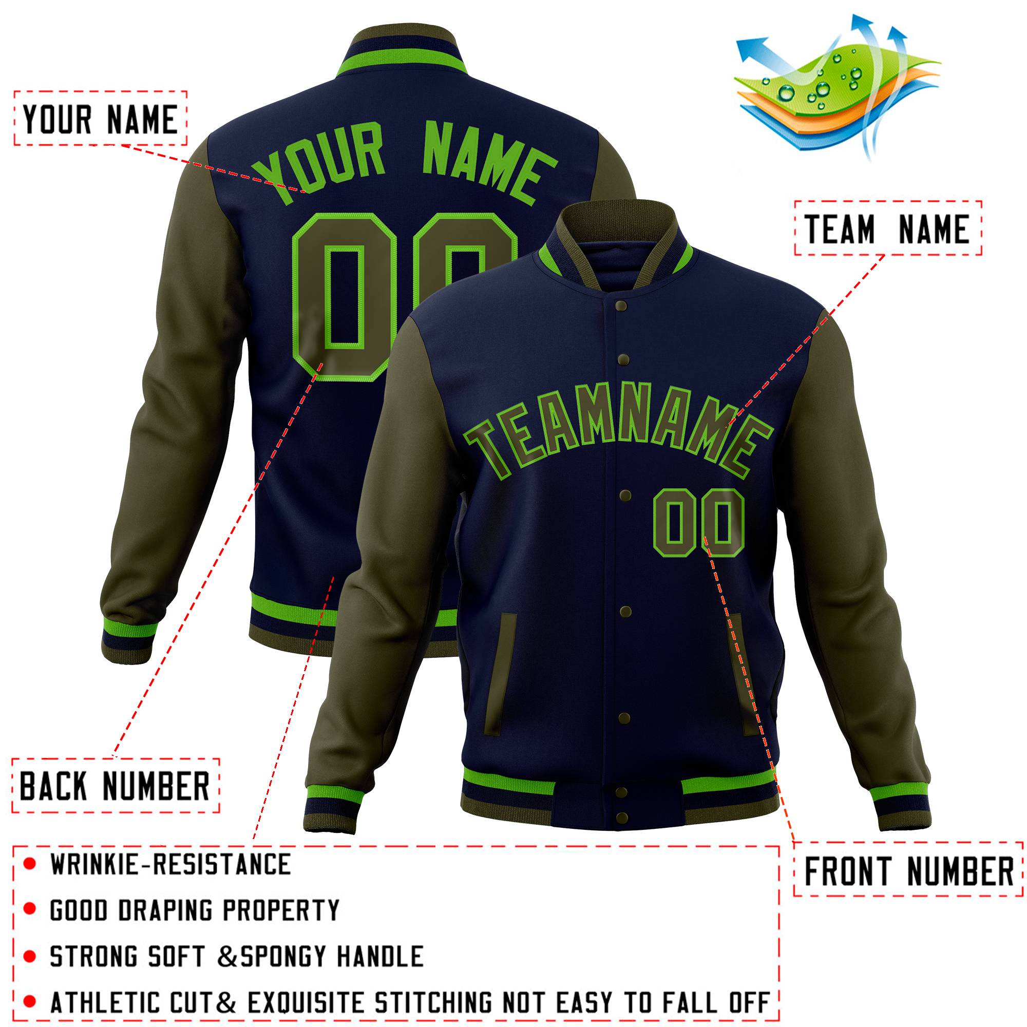 Custom Green Crimson Full-Snap Varsity Raglan Sleeves Letterman Baseball Jacket