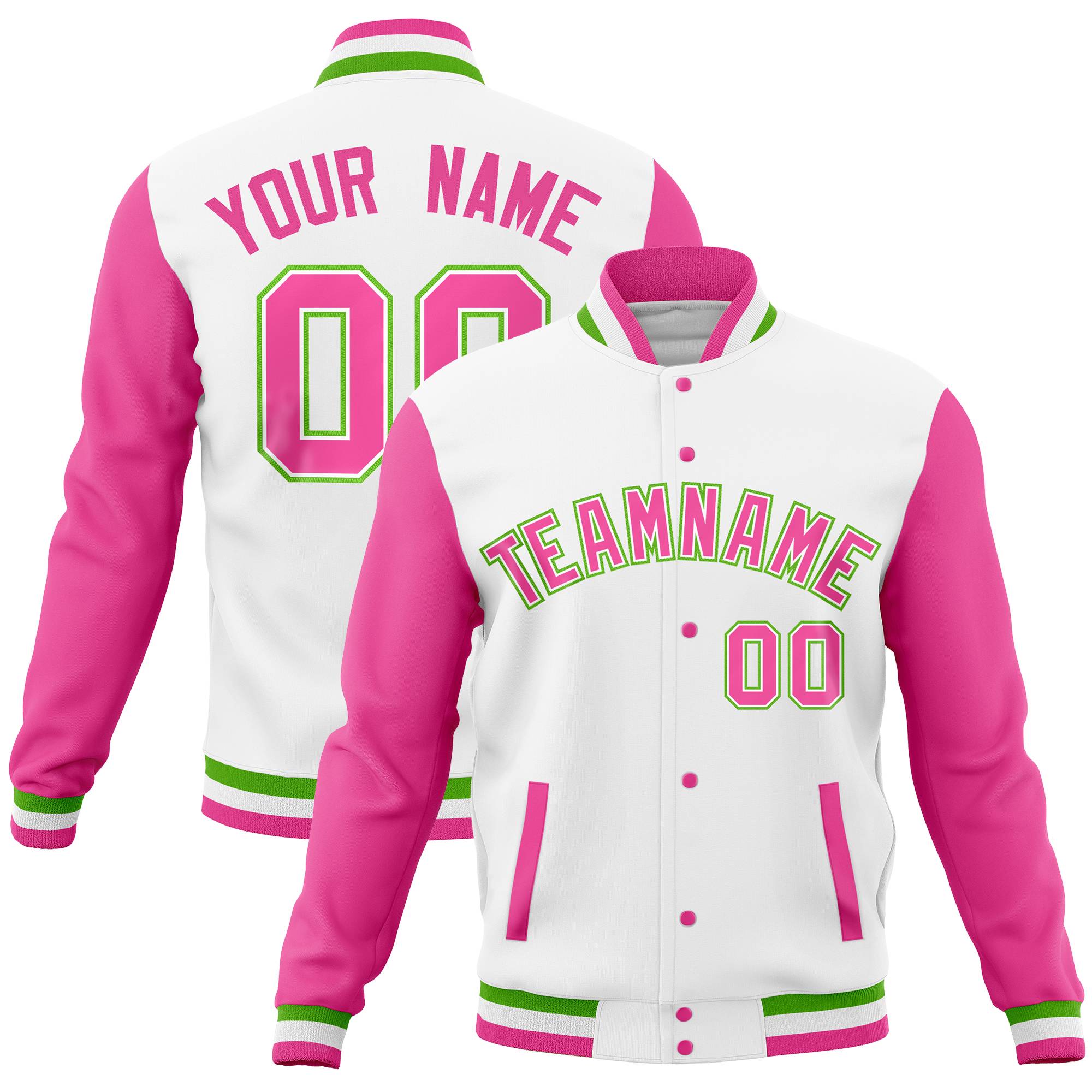 Custom Kelly Green Orange Full-Snap Varsity Raglan Sleeves Letterman Baseball Jacket