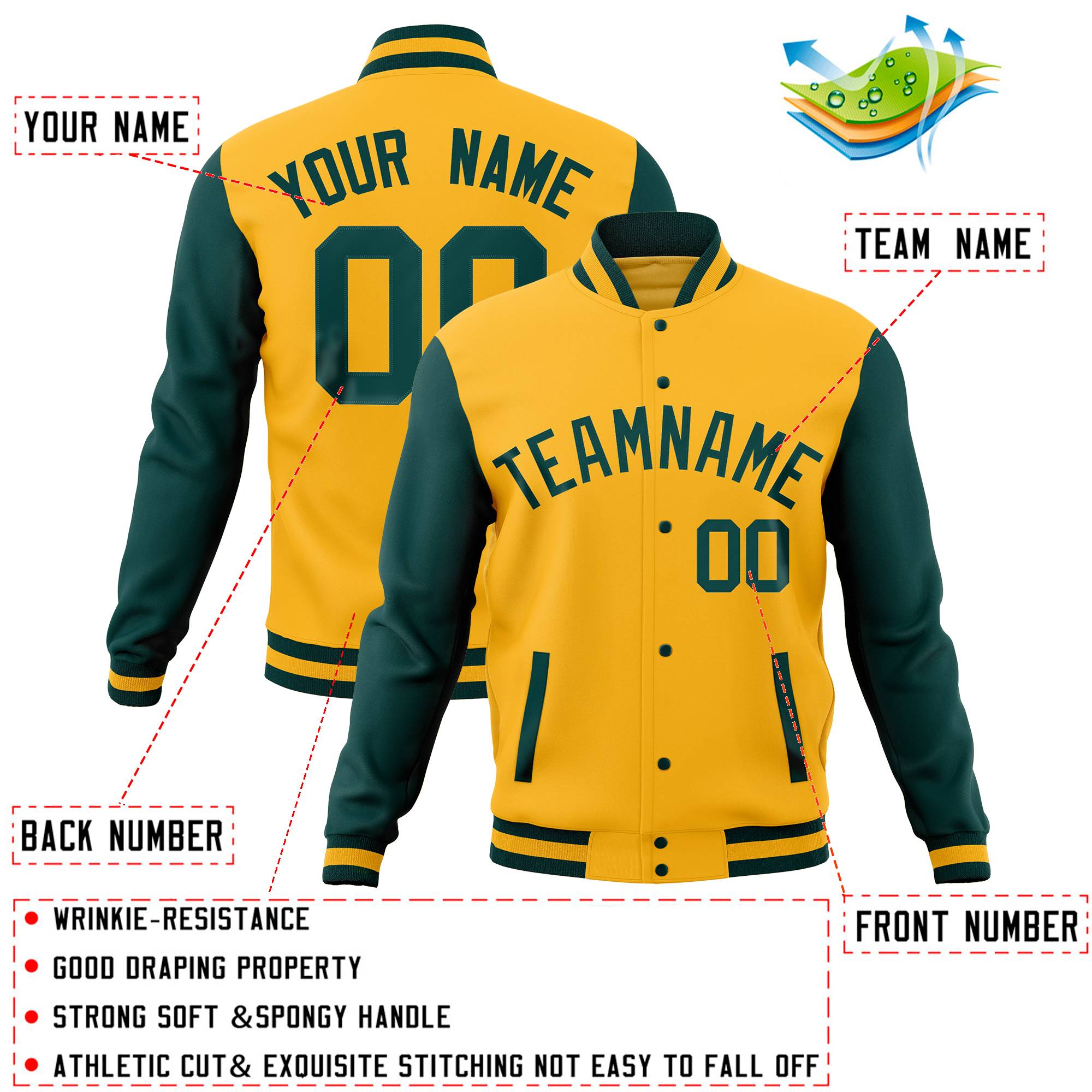 Custom White Olive-Gold Full-Snap Varsity Raglan Sleeves Letterman Baseball Jacket