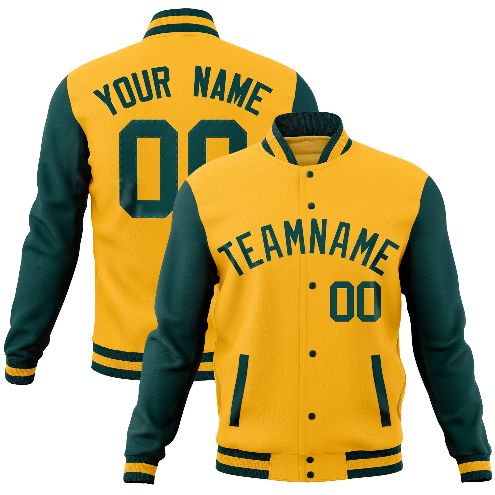 Custom White Olive-Gold Full-Snap Varsity Raglan Sleeves Letterman Baseball Jacket