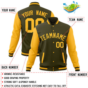 Custom Brown Red-Old Gold Full-Snap Varsity Raglan Sleeves Letterman Baseball Jacket