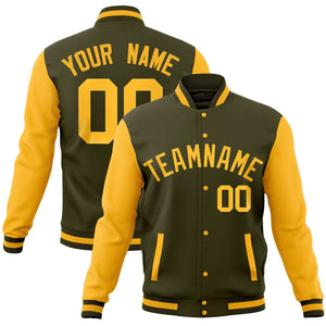 Custom Brown Red-Old Gold Full-Snap Varsity Raglan Sleeves Letterman Baseball Jacket