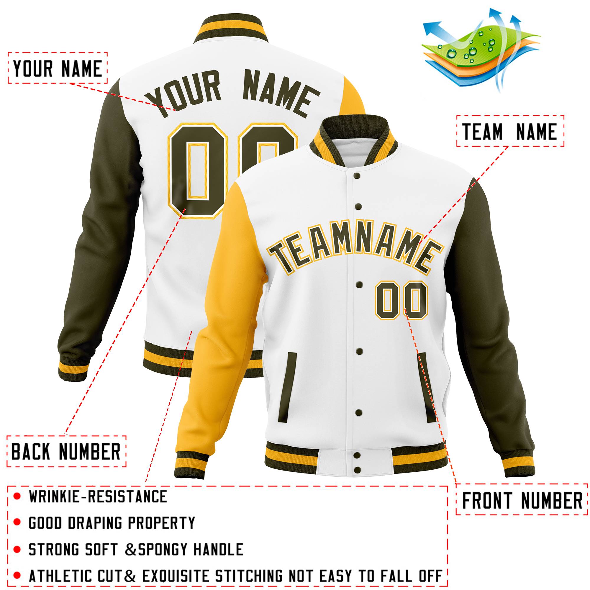 Custom Brown Old Gold Full-Snap Varsity Raglan Sleeves Letterman Baseball Jacket