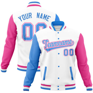 Custom White Pink-Powder Blue Full-Snap Varsity Raglan Sleeves Letterman Baseball Jacket