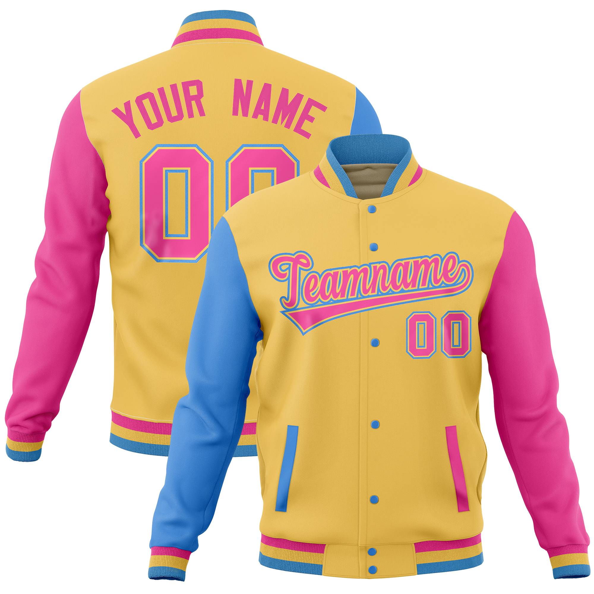 Custom Khaki Pink-Powder Blue Full-Snap Varsity Raglan Sleeves Letterman Baseball Jacket