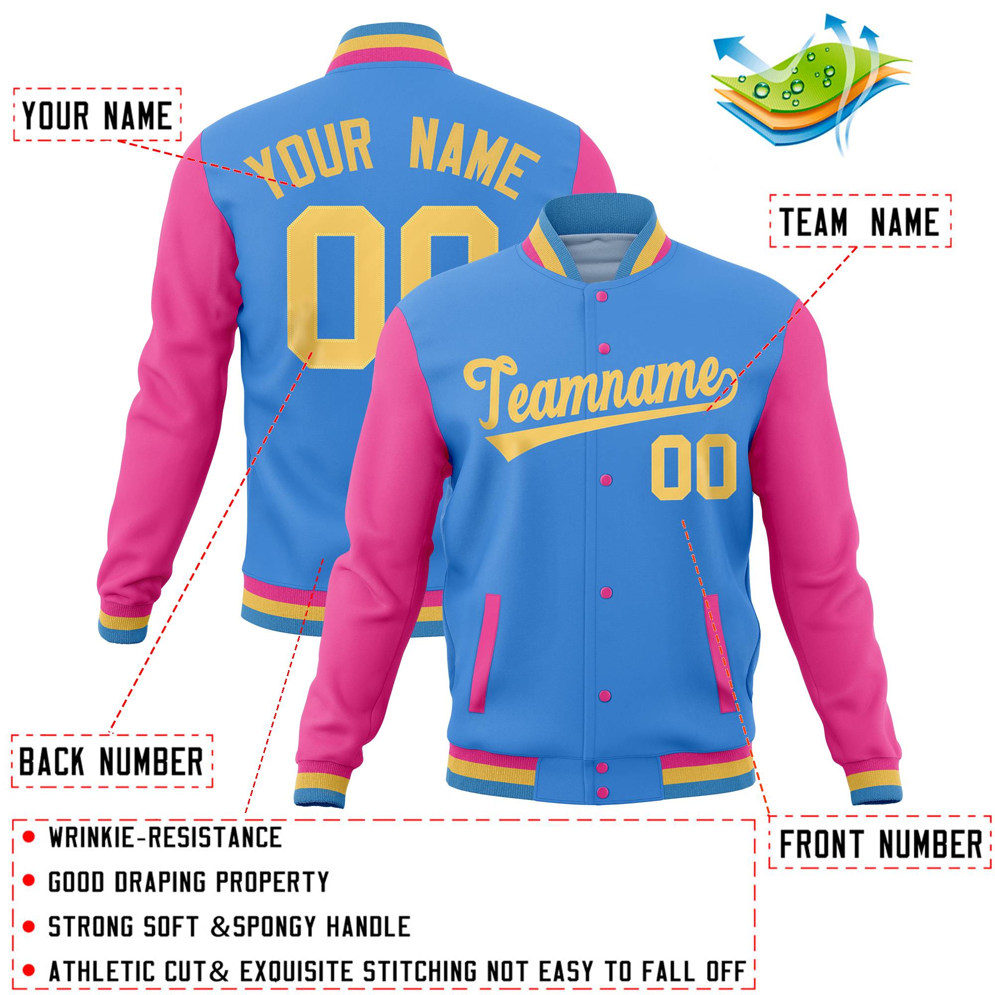 Custom Powder Blue Pink Full-Snap Varsity Raglan Sleeves Letterman Baseball Jacket