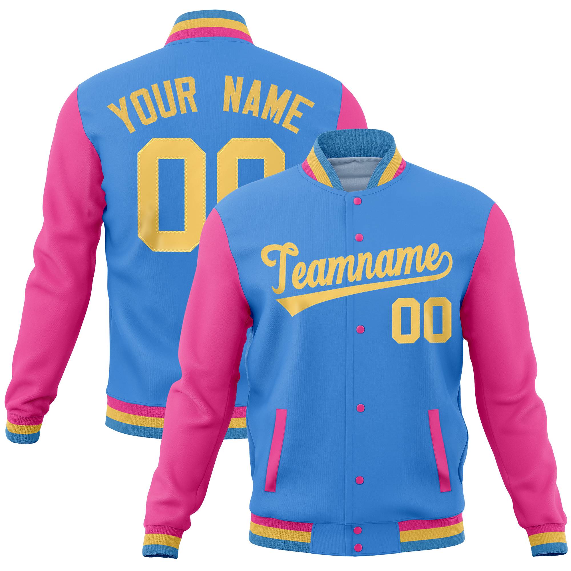 Custom Powder Blue Pink Full-Snap Varsity Raglan Sleeves Letterman Baseball Jacket