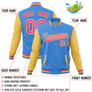 Custom Powder Blue Khaki Full-Snap Varsity Raglan Sleeves Letterman Baseball Jacket