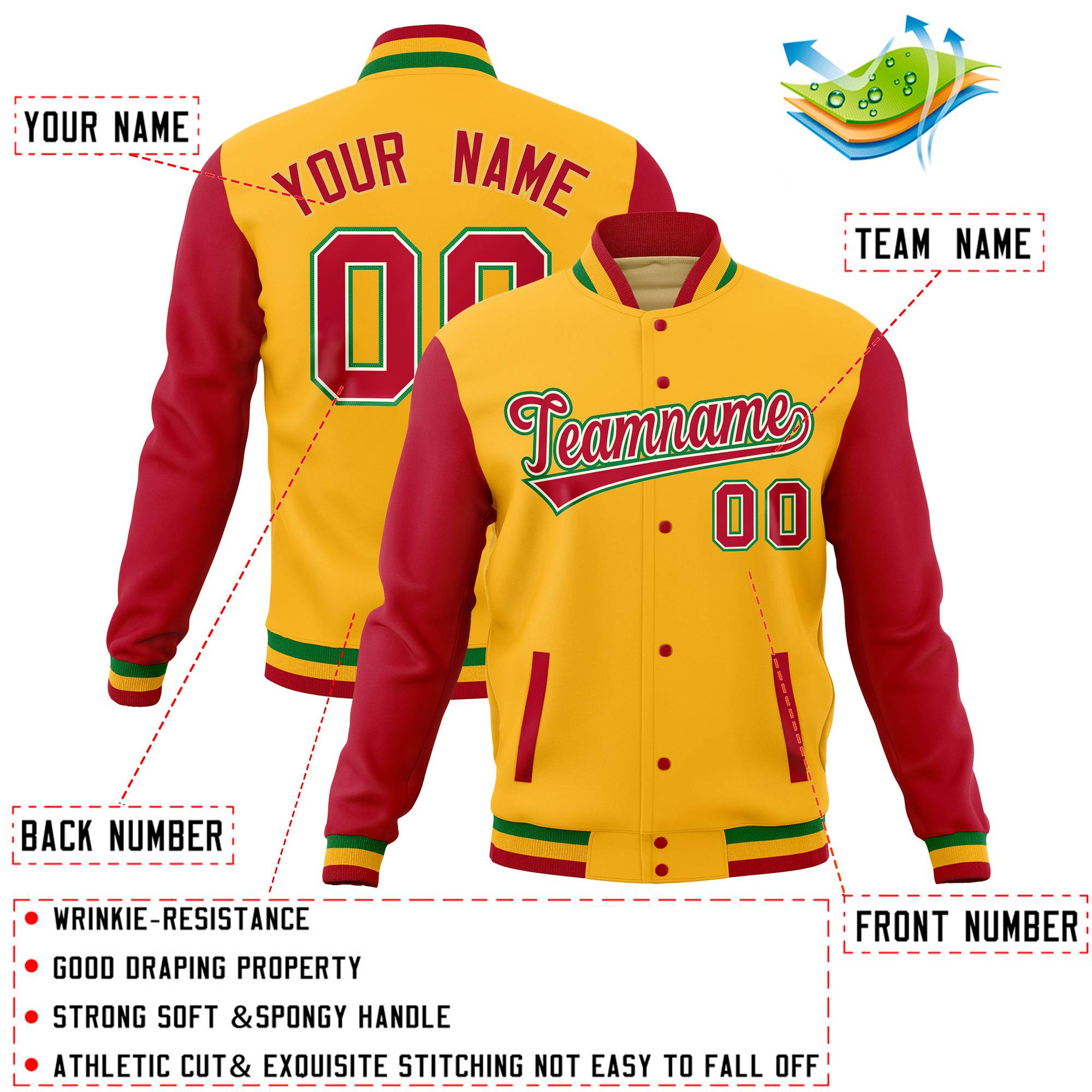 Custom Gold Red Full-Snap Varsity Raglan Sleeves Letterman Baseball Jacket