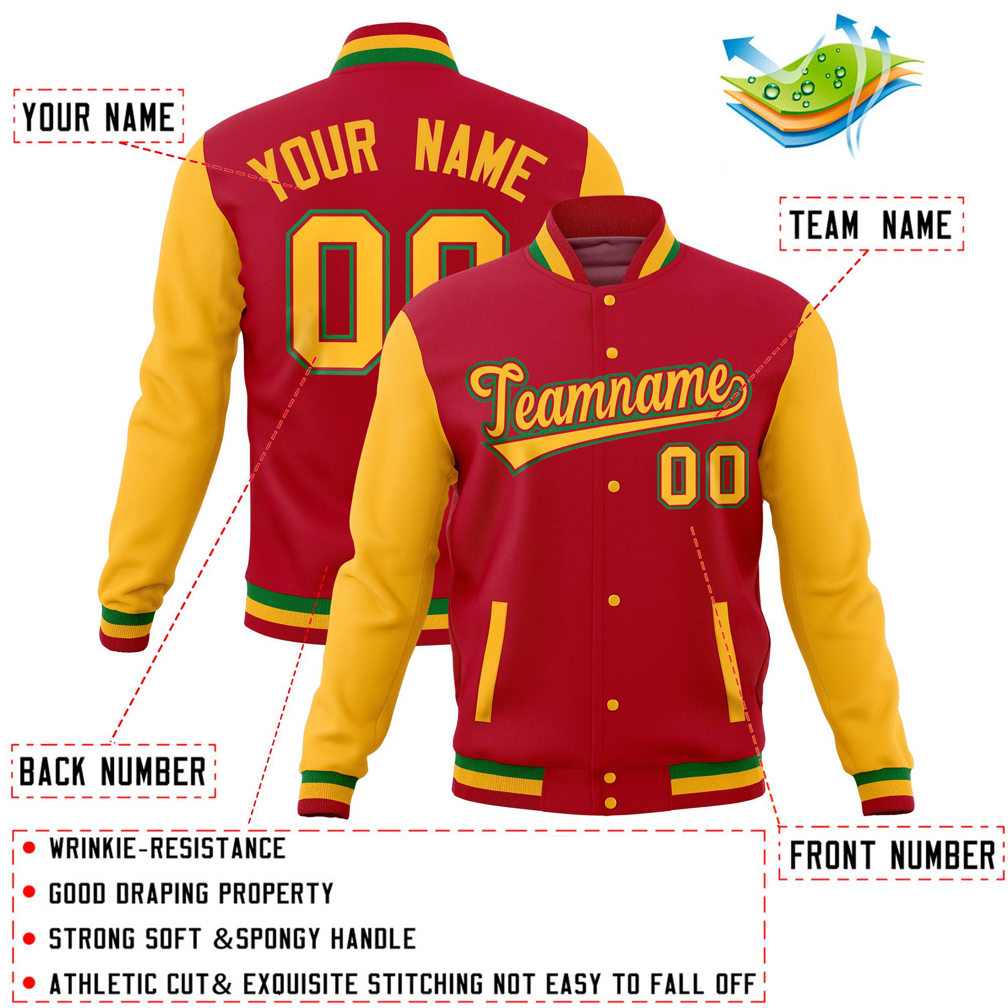 Custom Red Gold Full-Snap Varsity Raglan Sleeves Letterman Baseball Jacket