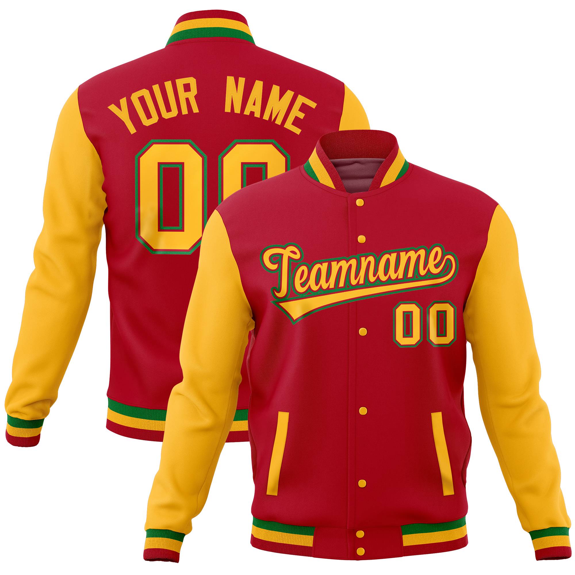 Custom Red Gold Full-Snap Varsity Raglan Sleeves Letterman Baseball Jacket