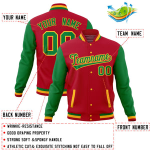 Custom Red Kelly Green Full-Snap Varsity Raglan Sleeves Letterman Baseball Jacket