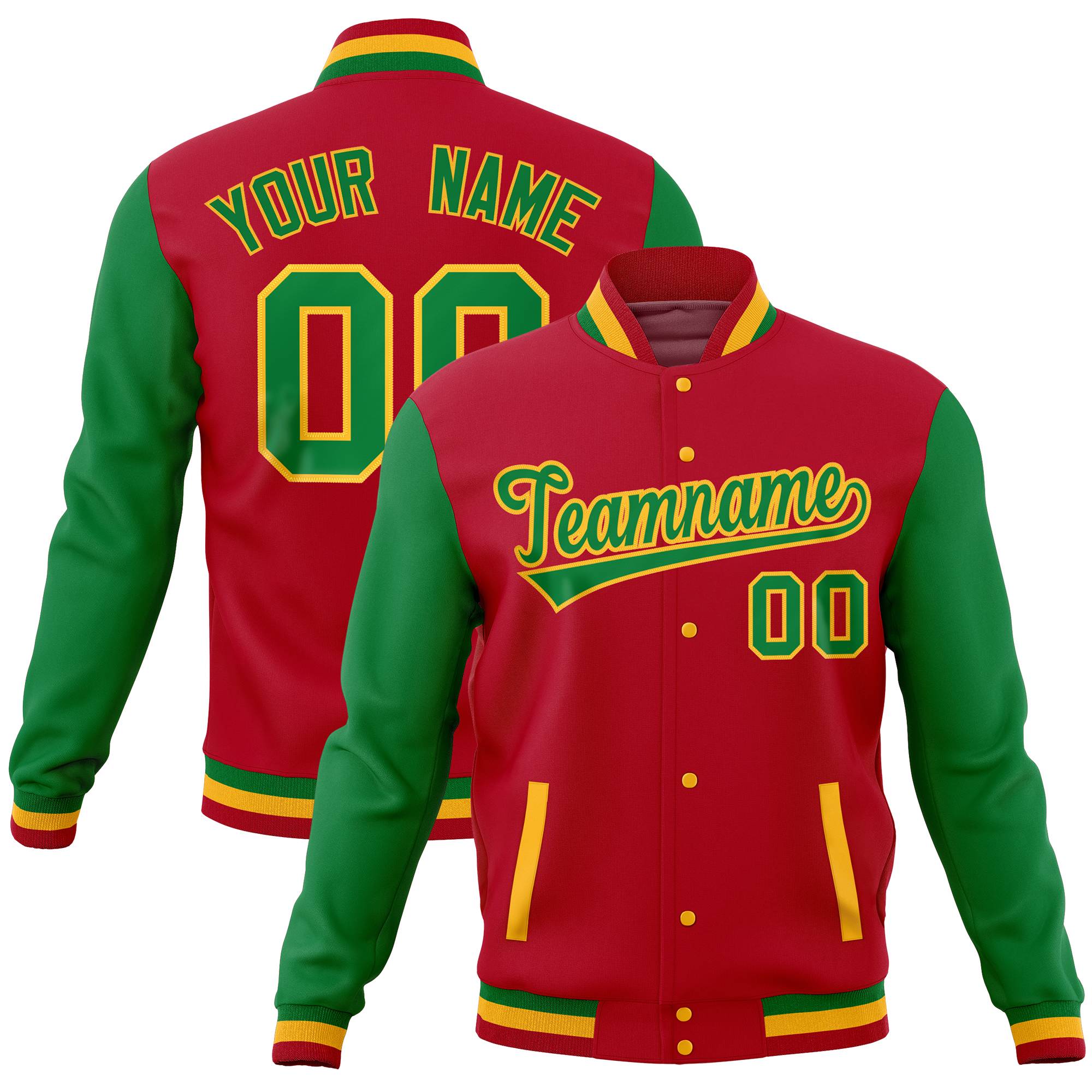 Custom Red Kelly Green Full-Snap Varsity Raglan Sleeves Letterman Baseball Jacket