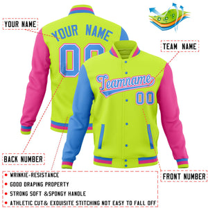 Custom Midnight Green Pink-Powder Blue Full-Snap Varsity Raglan Sleeves Letterman Baseball Jacket