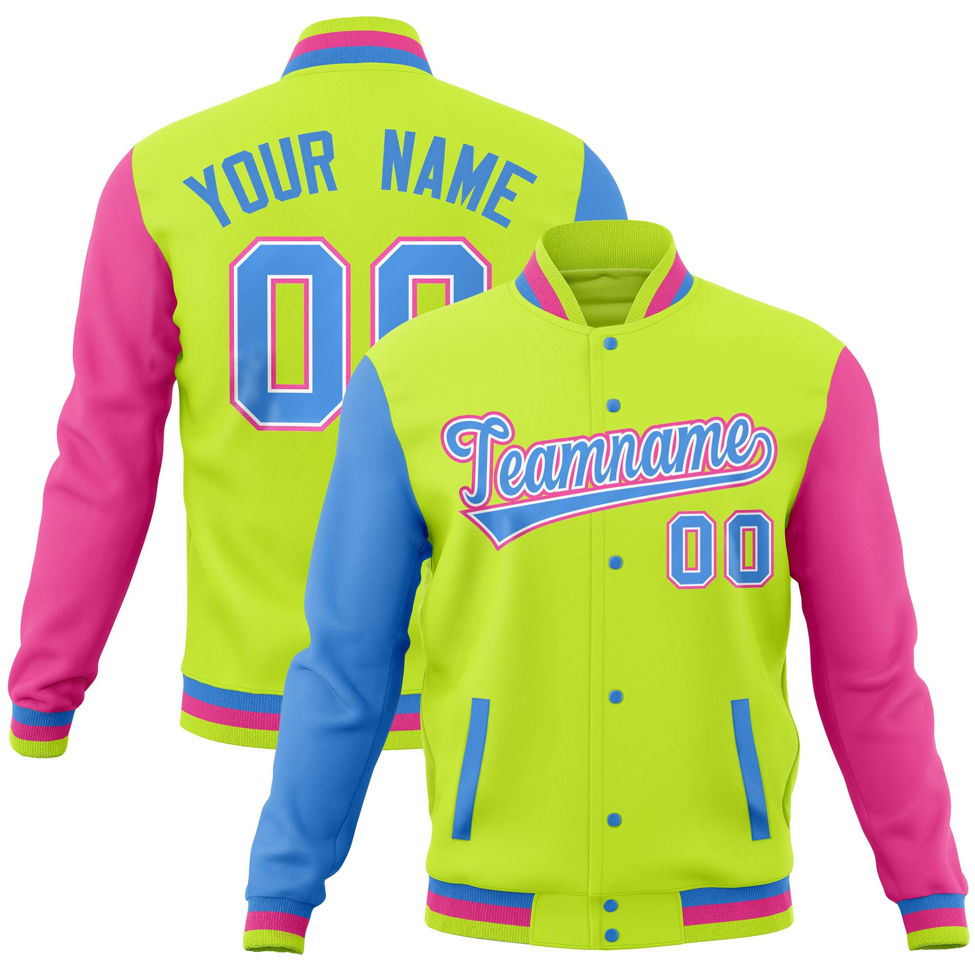 Custom Midnight Green Pink-Powder Blue Full-Snap Varsity Raglan Sleeves Letterman Baseball Jacket