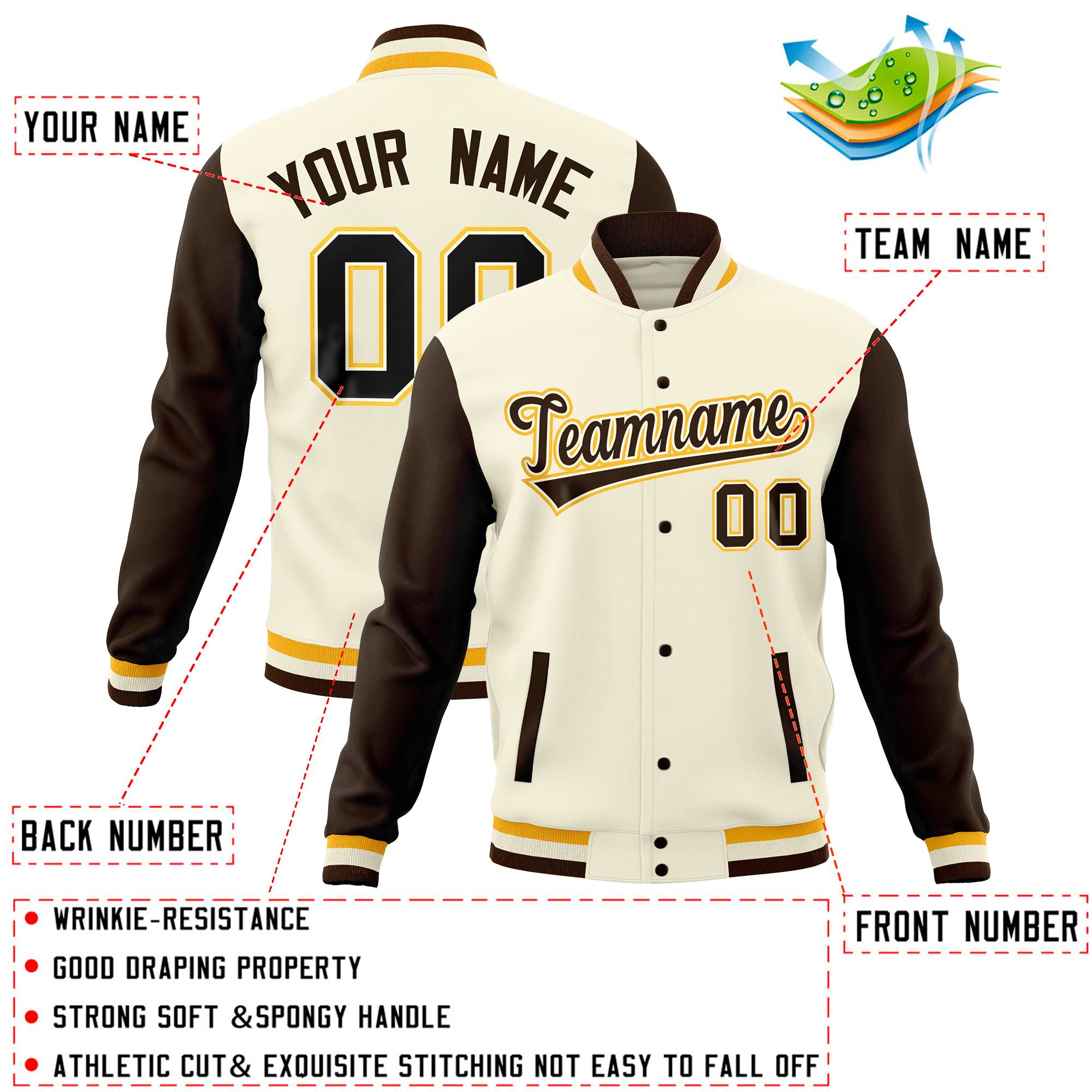 Custom Cream Brown Full-Snap Varsity Raglan Sleeves Letterman Baseball Jacket