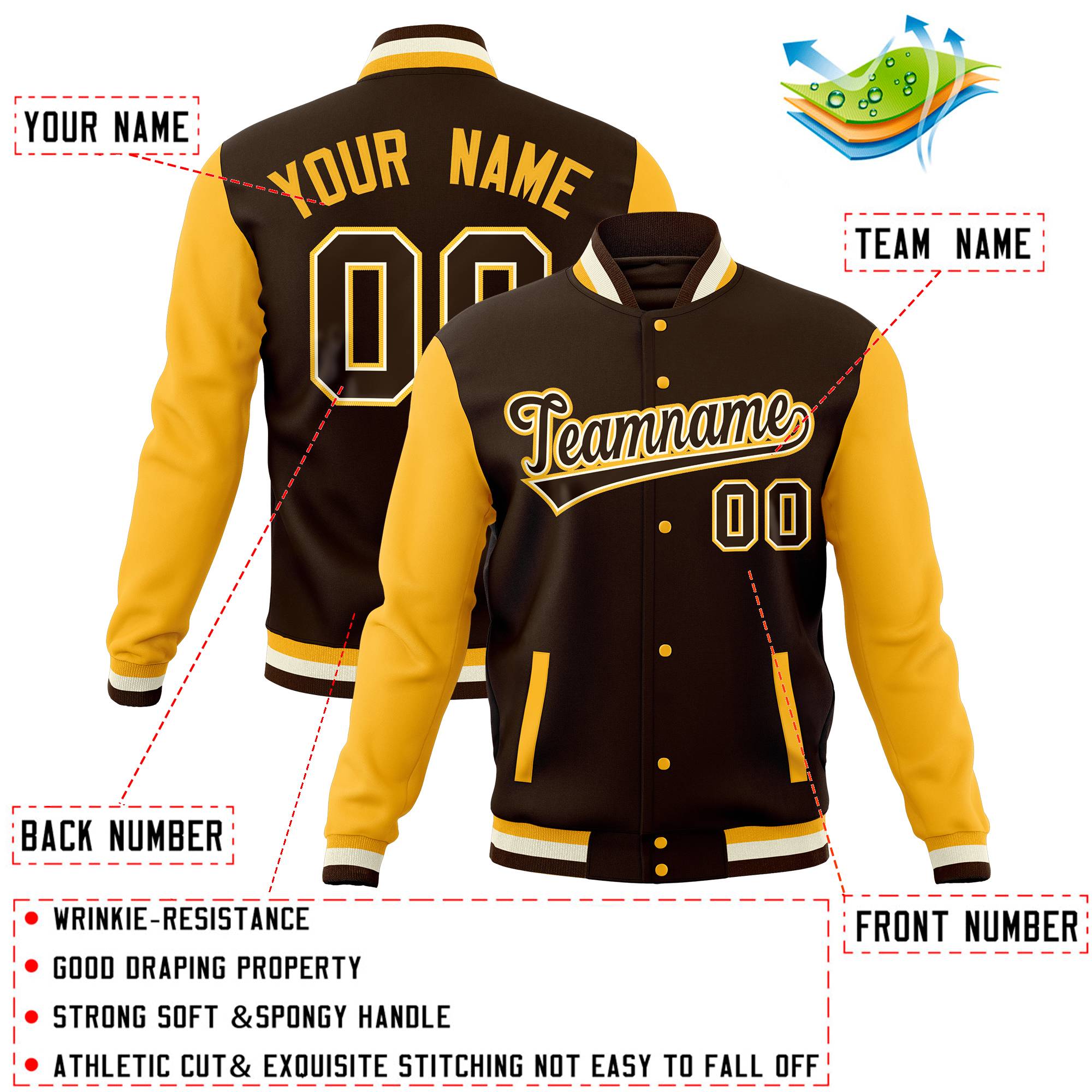 Custom Brown Gold Full-Snap Varsity Raglan Sleeves Letterman Baseball Jacket