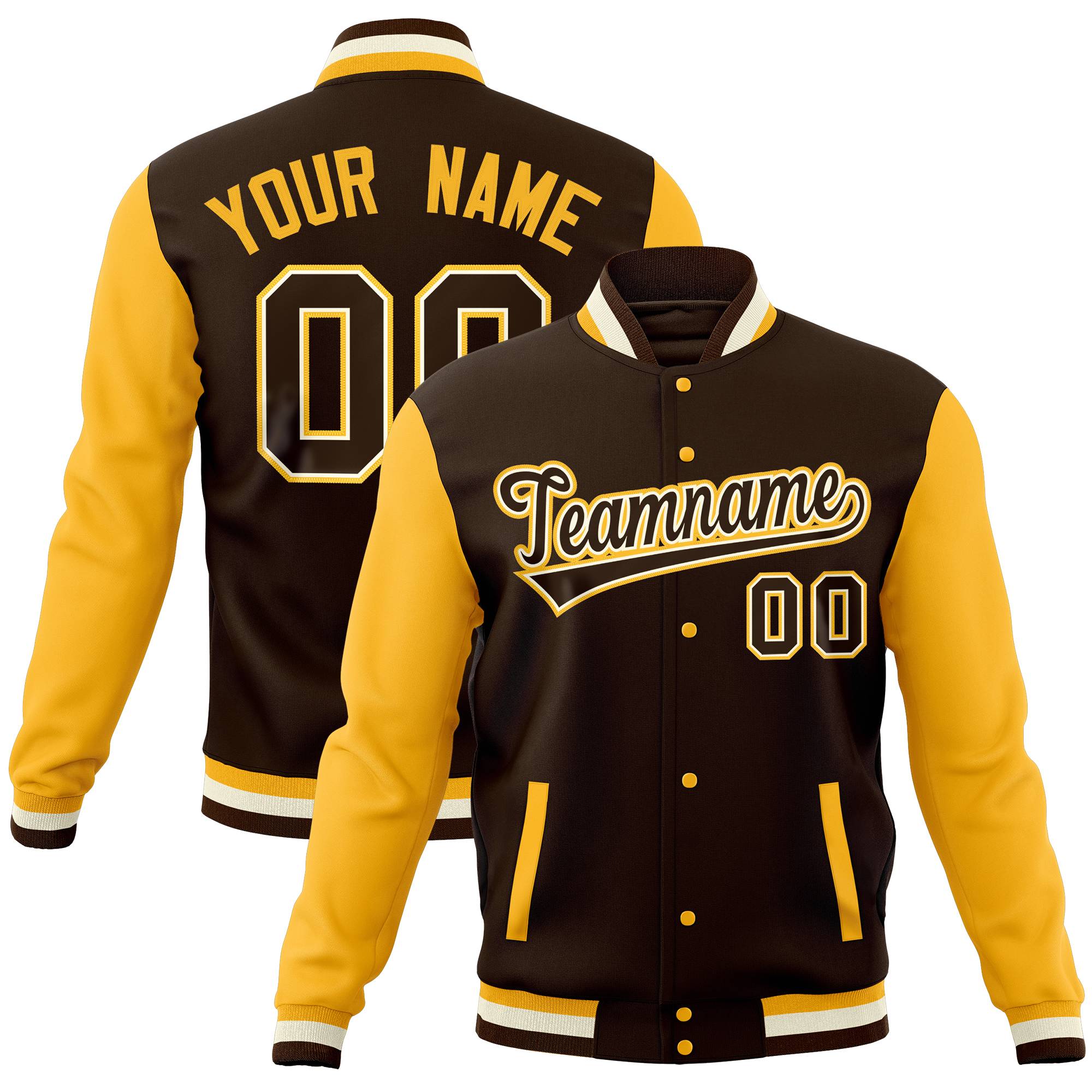 Custom Brown Gold Full-Snap Varsity Raglan Sleeves Letterman Baseball Jacket