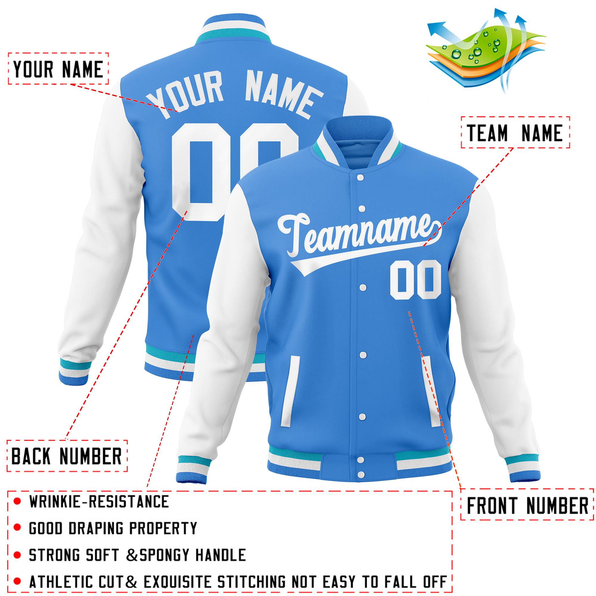 Custom Powder Blue White Full-Snap Varsity Raglan Sleeves Letterman Baseball Jacket