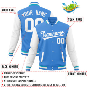 Custom Powder Blue White Full-Snap Varsity Raglan Sleeves Letterman Baseball Jacket