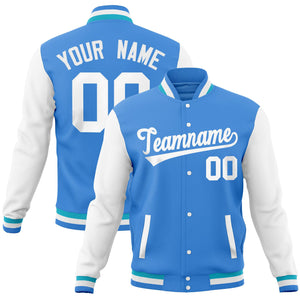 Custom Powder Blue White Full-Snap Varsity Raglan Sleeves Letterman Baseball Jacket