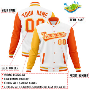 Custom White Orange-Gold Full-Snap Varsity Raglan Sleeves Letterman Baseball Jacket